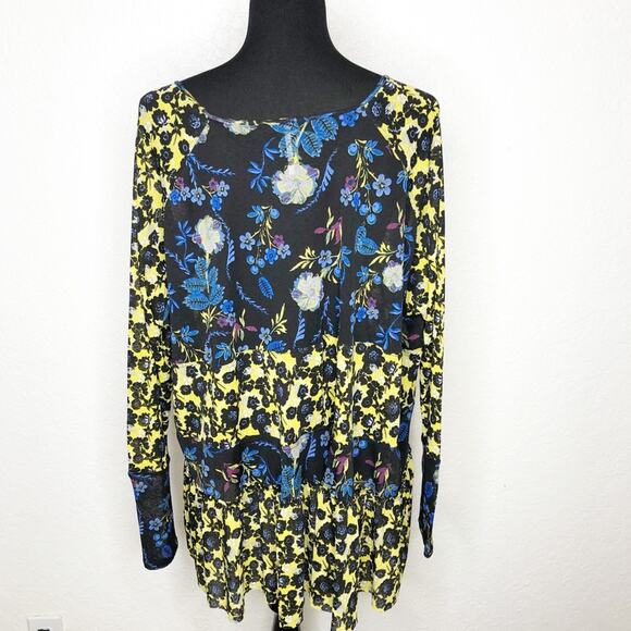 Free People Isabelle black blue yellow floral sheer v neck tunic top size Small - Picture 15 of 16